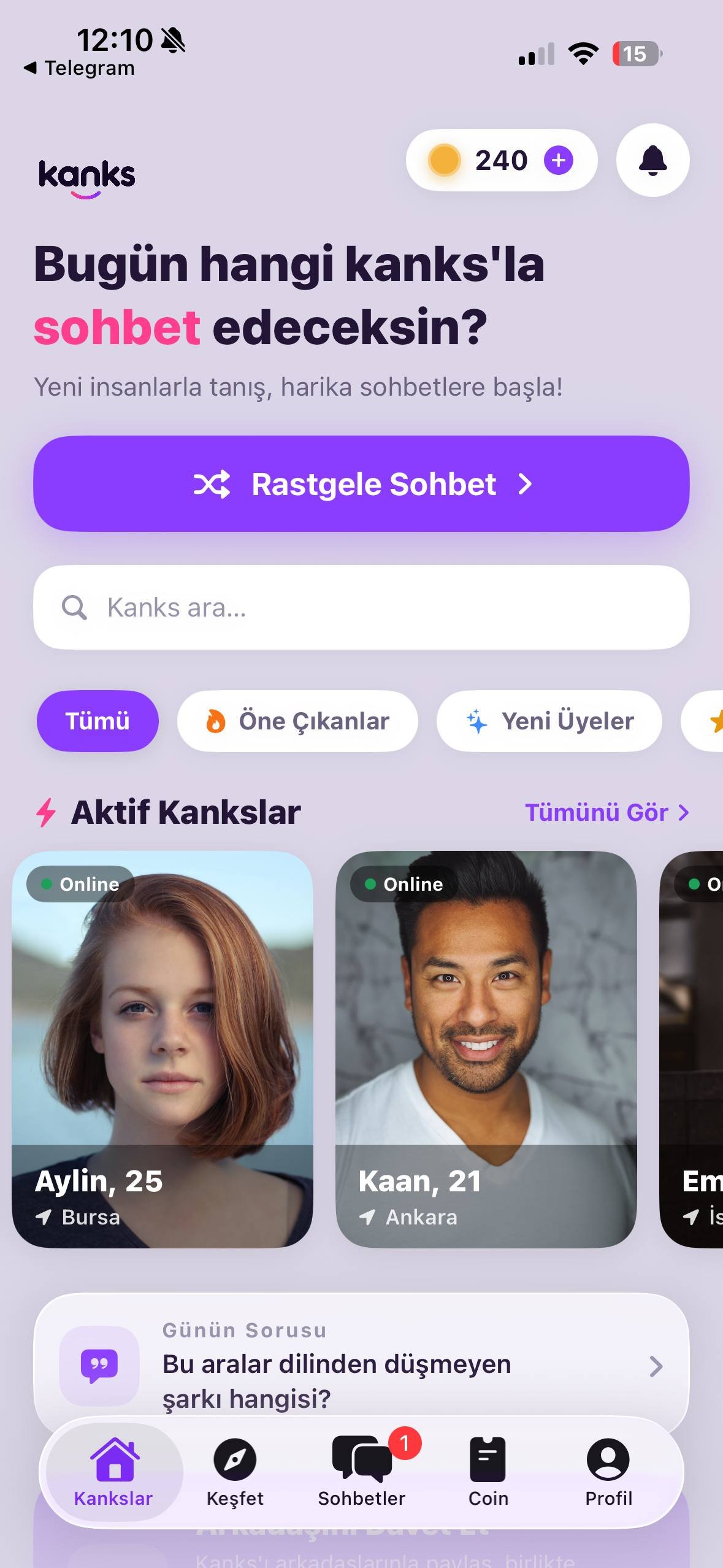 Kanks uygulaması ana ekranı